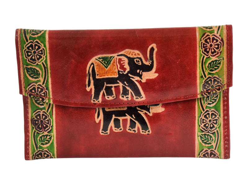 Peněženka se slonem, sada 3ks (velká+2 malé) malovaná kůže, červená, 17,5x11cm