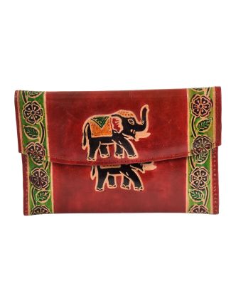 Peněženka se slonem, sada 3ks (velká+2 malé) malovaná kůže, červená, 17,5x11cm