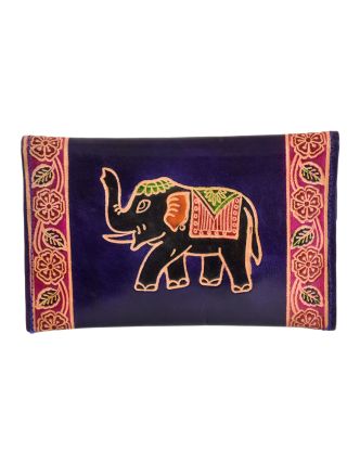 Peněženka se slonem, sada 3ks (velká+2 malé) malovaná kůže, fialová, 17,5x11cm