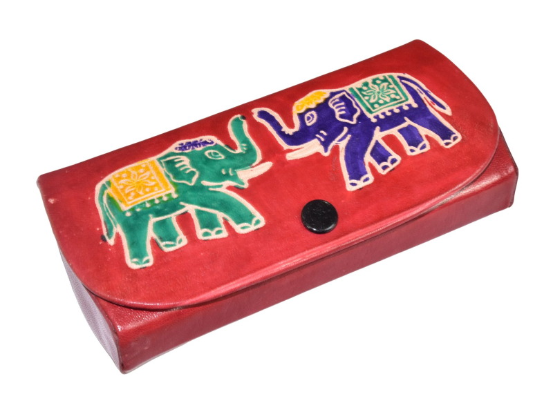 Pouzdro na brýle, červené, ručně malovaná kůže, sloni, 14x3x6,5cm