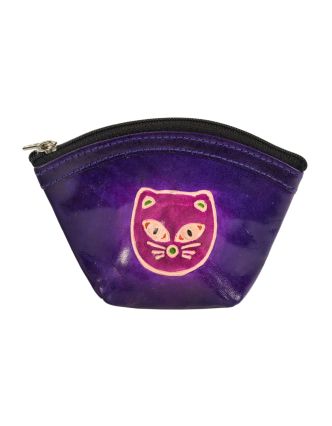 Peněženka na drobné fialová, hlava kočky, ručně malovaná kůže,11x9cm