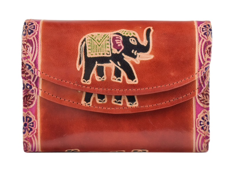 Peněženka se slonem, ručně malovaná kůže, červená, 14,5x11cm