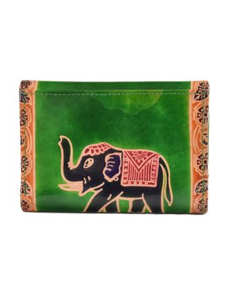 Peněženka se slonem, ručně malovaná kůže, zelená, 14,5x11cm