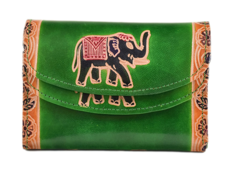 Peněženka se slonem, ručně malovaná kůže, zelená, 14,5x11cm