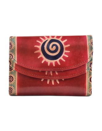 Peněženka se sluncem, ručně malovaná kůže, červená, 14,5x11cm