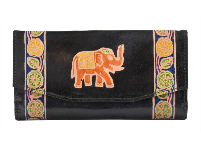 Peněženka, Slon, malovaná kůže, černá, 9,5x19,5cm