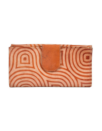 Peněženka, vlnité linky, malovaná kůže, oranžová, 9,5x19,5cm