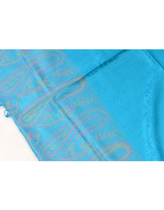 Modrý šál s jemným paisley designem a třásněmi, cca 180x70cm