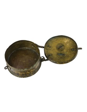 Stará kovová nádoba s víkem, ručně tepaná, mosazná, 21x21x12cm