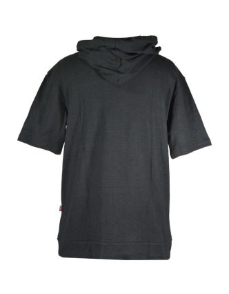 Konopné pánské černé tričko s kapucí, výšivka stupa, kapsa na břiše
