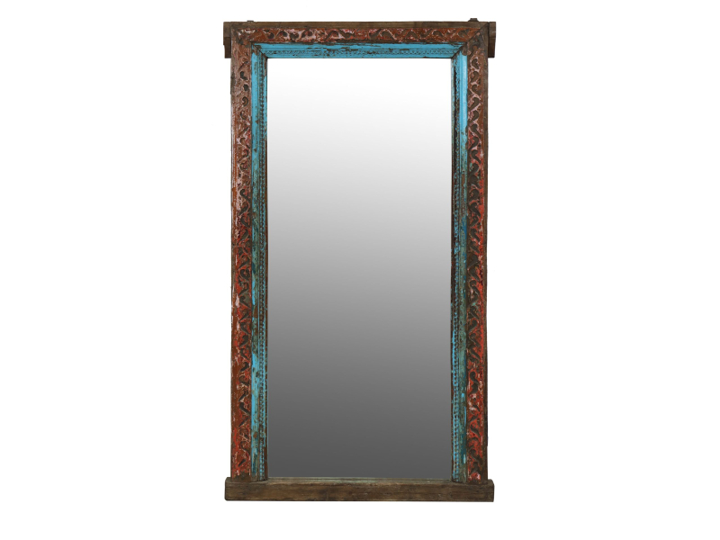 Zrcadlo ve starém rámu z teakového dřeva, ručně vyřezávaném, 102x11x190cm