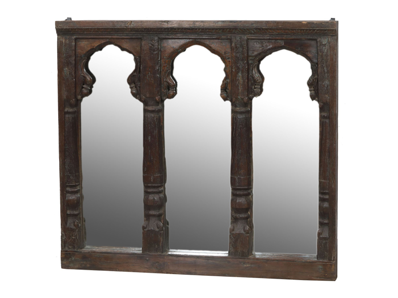 Zrcadlo ve starém rámu z teakového dřeva, ručně vyřezávaném, 140x11x126cm