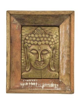 Obraz recyklovaného teakového dřeva, relief Buddhy z tepaného kovu, 25x3x29cm
