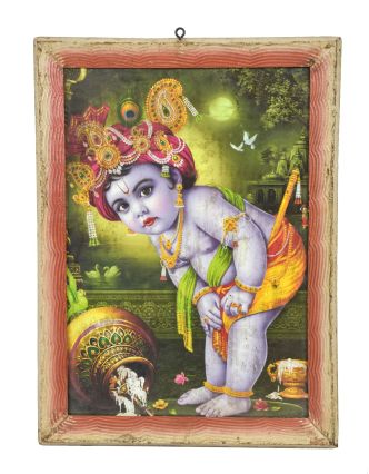 Starý obraz hinduistického božstva v teakovém rámu Krišna, 27x2x38cm