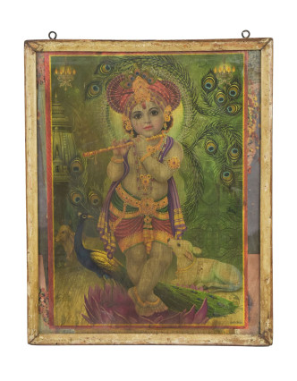Starý obraz hinduistického božstva v teakovém rámu, Krišna, 30x2x38cm