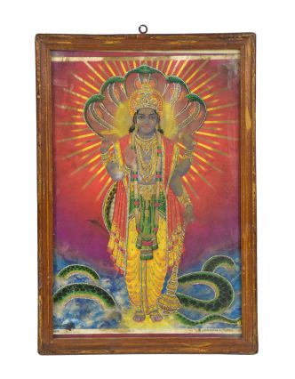 Starý obraz hinduistického božstva v teakovém rámu, Višnu, 23x2x33cm