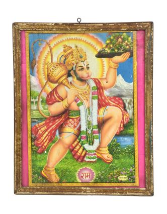 Starý obraz hinduistického božstva v teakovém rámu, Hanuman, 33x2x41cm