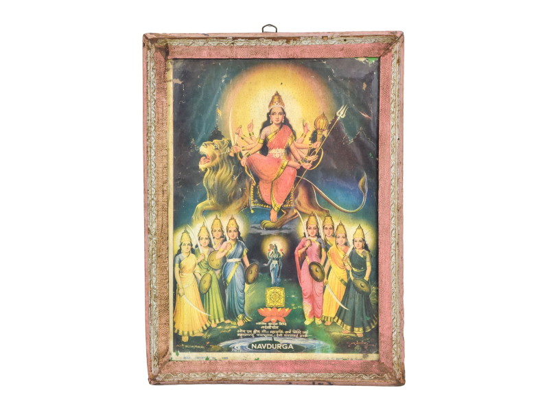 Starý obraz hinduistického božstva v teakovém rámu, Navdurga, 28x2x39cm