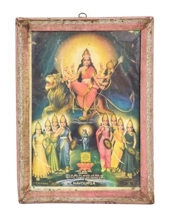 Starý obraz hinduistického božstva v teakovém rámu, Navdurga, 28x2x39cm