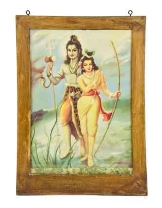 Starý obraz hinduistického božstva v teakovém rámu, Šiva a Parvátí, 43x2x60cm