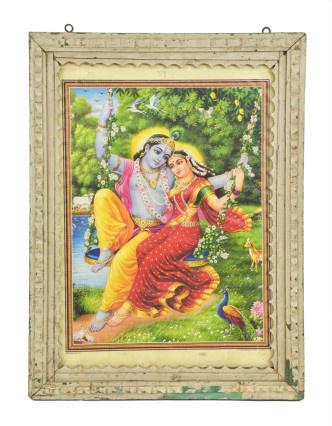 Starý obraz v teakovém rámu, Krišna a Radha, 44x3x60cm