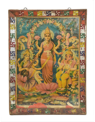 Starý obraz v teakovém rámu, Sarasvatí, Lakšmí, Ganéš, 40x2x56cm