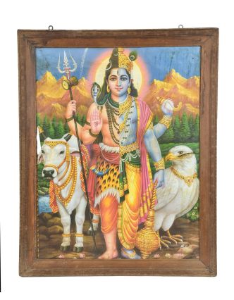 Starý obraz v teakovém rámu, Šiva a Višnu, 59x2x74cm