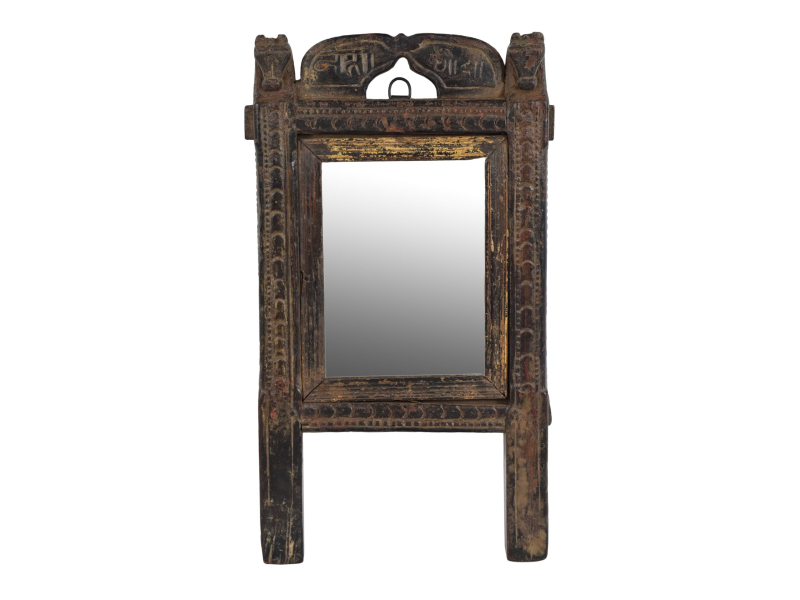 Starý rám se zrcadlem z teakového dřeva, řučně vyřezávaný, 38x5x49cm