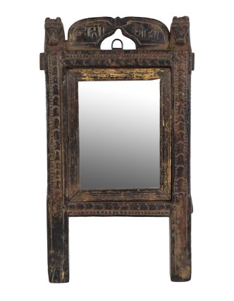 Starý rám se zrcadlem z teakového dřeva, řučně vyřezávaný, 38x5x49cm