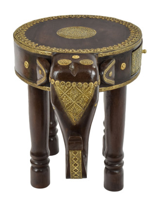 Stolička ve tvaru slona zdobená mosazným kováním, se šuplíkem, 43x30x37cm