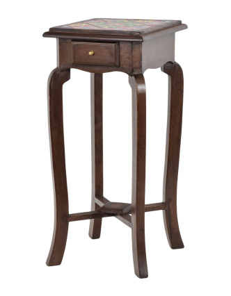 Stolička z mangového dřeva, keramické dlaždice, 28x28x62cm