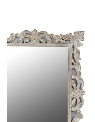 Zrcadlo v rámu z mangového dřeva, ručně vyřezávané, bílá patina, 102x3x129cm
