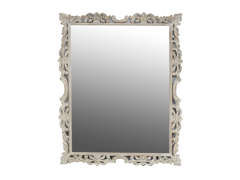 Zrcadlo v rámu z mangového dřeva, ručně vyřezávané, bílá patina, 102x3x129cm