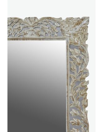 Zrcadlo v rámu z mangového dřeva, ručně vyřezávané, bílá patina, 72x3x170cm