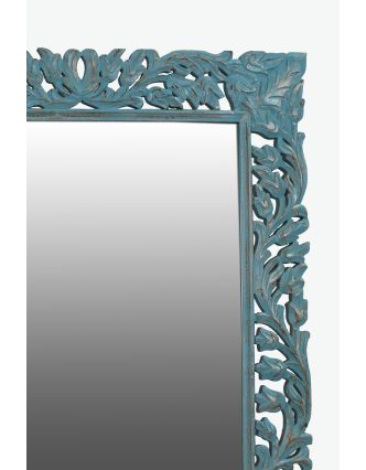 Zrcadlo v rámu z mangového dřeva, ručně vyřezávané, tyrkysová patina, 98x3x180cm