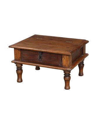 Starý čajový stolek z teakového dřeva s odklápěcí deskou, 51x45x30cm