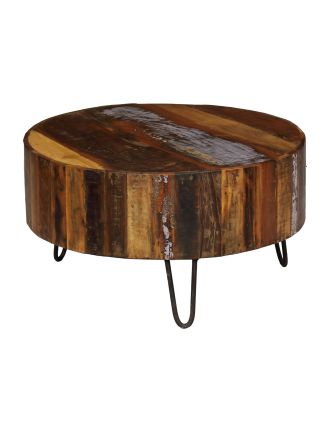 Kulatý stolek z teakového dřeva v "Goa" stylu, kovové nohy, 70x70x38cm