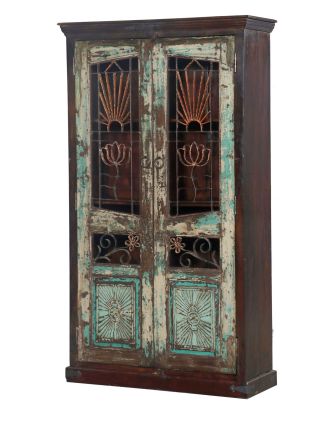 Skříň z teakového dřeva, staré dveře, bílá patina, 117x43x207cm