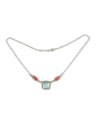 Stříbrný náhrdelník vykládaný korálem a tyrkysem, karabinka, délka cca 43cm, 12g