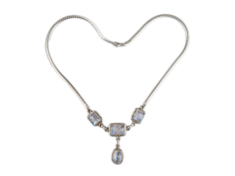 Stříbrný náhrdelník vykládaný měsíčním kamenem, karabinka, délka cca 45cm, 24g