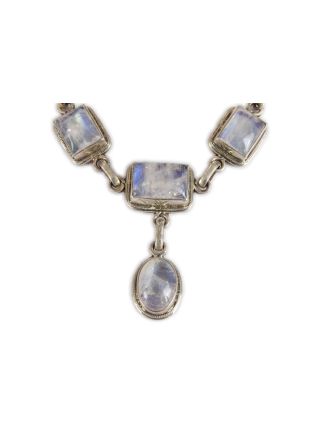 Stříbrný náhrdelník vykládaný měsíčním kamenem, karabinka, délka cca 45cm, 24g