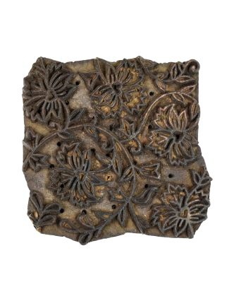 Antik dřevěná raznice na tisk přehozů s motivem floral, block print, 15x7x15cm
