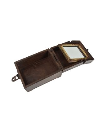 Šperkovnice se zrcátkem z teakového dřeva, starožitná, 14x18x10,5cm