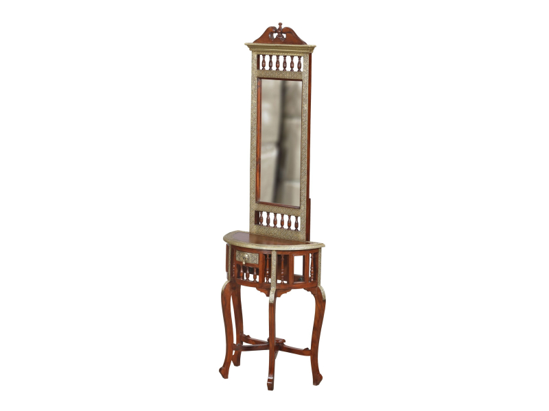 Zrcadlo se stolečkem z mangového dřeva, mosazné kování, 60x30x190cm