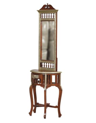 Zrcadlo se stolečkem z mangového dřeva, mosazné kování, 60x30x190cm