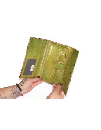 Peněženka, barevné obrazce malovaná kůže, zelená, 21,5x12cm