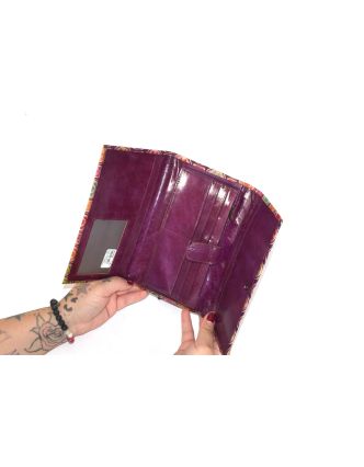 Peněženka, barevné obrazce malovaná kůže, fialová, 21,5x12cm