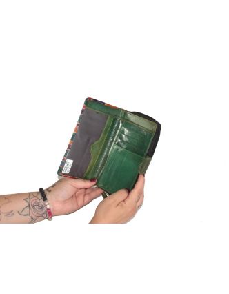 Peněženka zelená, barevná kolečka, malovaná kůže, černá, 19x10cm