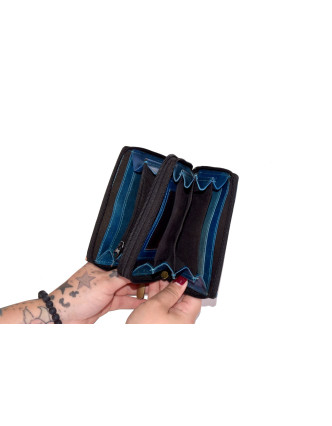 Peněženka kolečka a kostičky, ručně malovaná kůže, modrá, 15x10cm