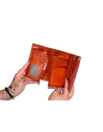 Peněženka se sluncem, ručně malovaná kůže, oranžová, 14,5x11cm